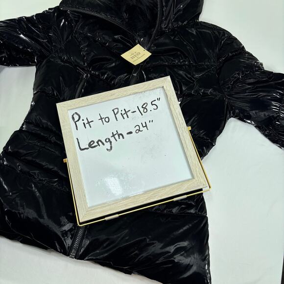 NWT GUESS Black Puffer Jacket Faux Fur Collar Shiny Stretch Womens Small Quilted - Picture 6 of 6